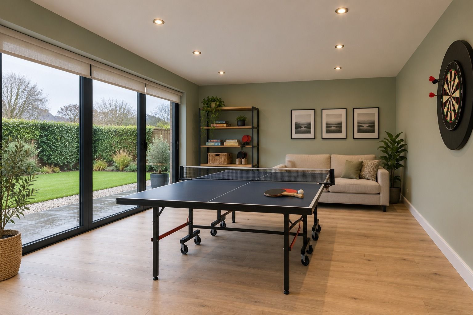 Multi-use Oakspan garden games room with table tennis and darts in Scotland
