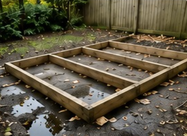 Weak Garden Gym Foundations Timber frame garden room base showing weak foundations before construction of a garden gym in Scotland