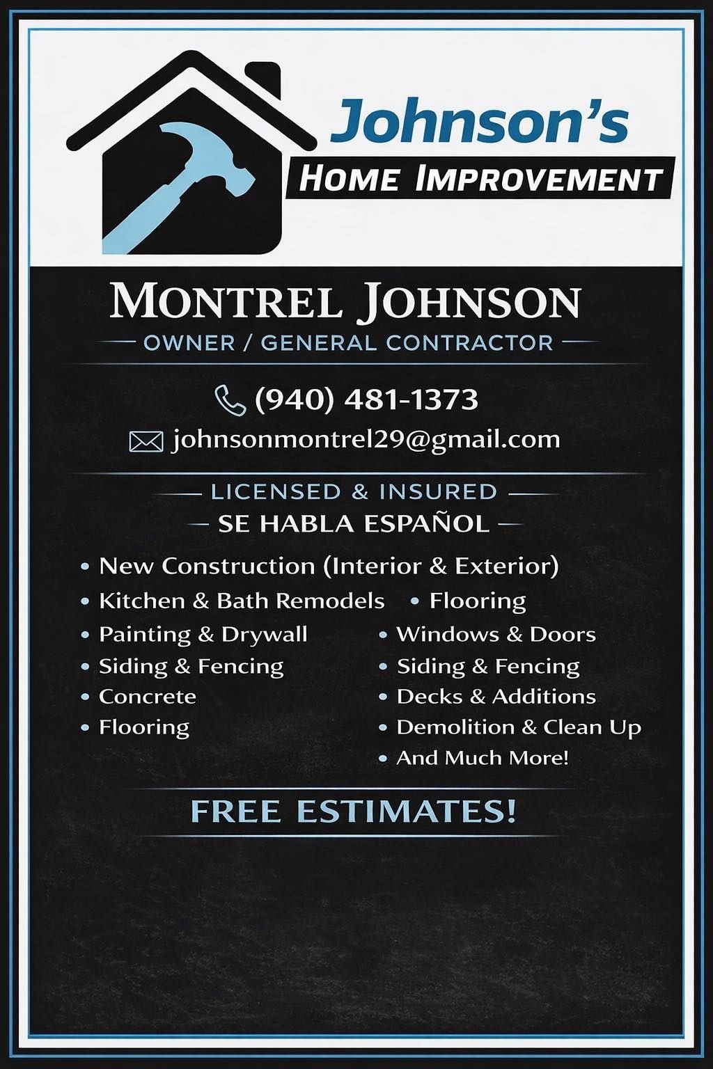 Johnson’s Home Improvement flyer for Montrel Johnson, with contact info and home repair services on a black background