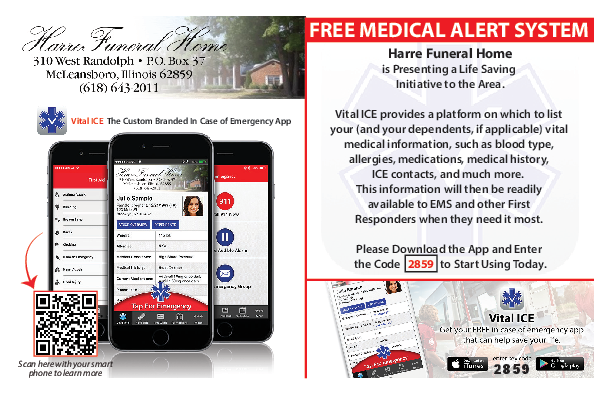 Flyer for Harre Funeral Home promoting the free Vital ICE medical alert app, including a QR code and download instructions.