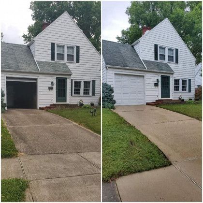 Before-and-after of a white house with a driveway. Left: dirty driveway, black garage door. Right: clean driveway, white garage door.