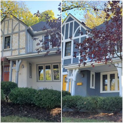 Before and after of an exterior home painting in Dayton OH by Haven Hydro Clean