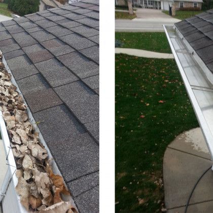 Before and after of a residential gutter cleaning in Dayton OH by Haven Hydro Clean