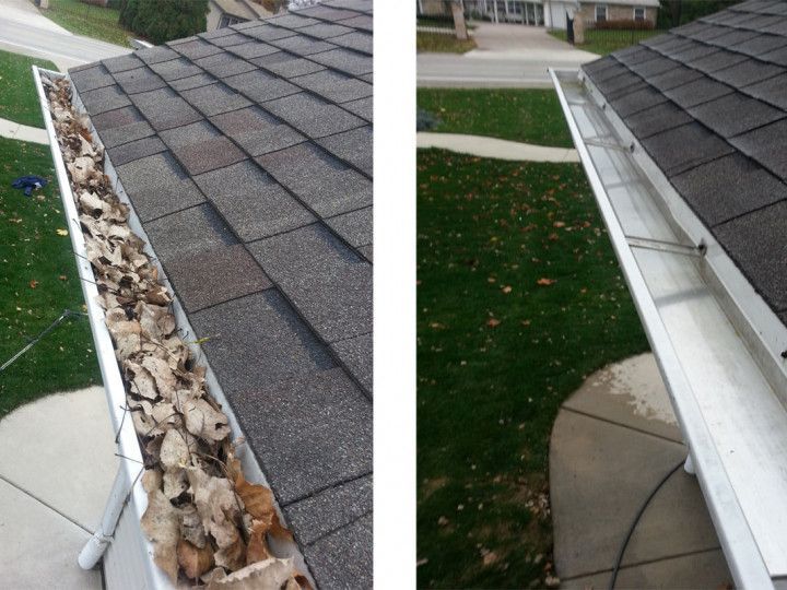 Before and after of a residential gutter cleaning in Dayton OH by Haven Hydro Clean