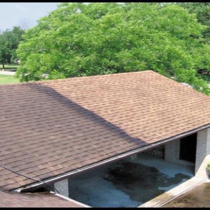 A half dirty, half clean roof getting a roof soft wash in Dayton OH by Haven Hydro Clean