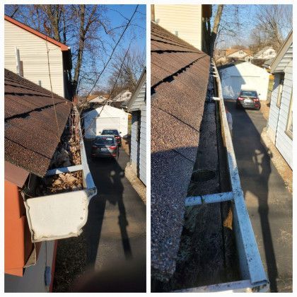 Before and after of a residential gutter cleaning in Dayton OH by Haven Hydro Clean
