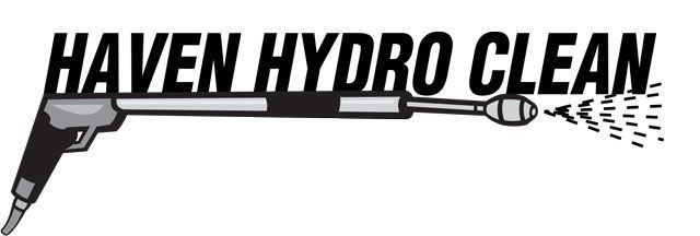 Logo for Haven Hydro Clean featuring a pressure washer spraying water; black and white.