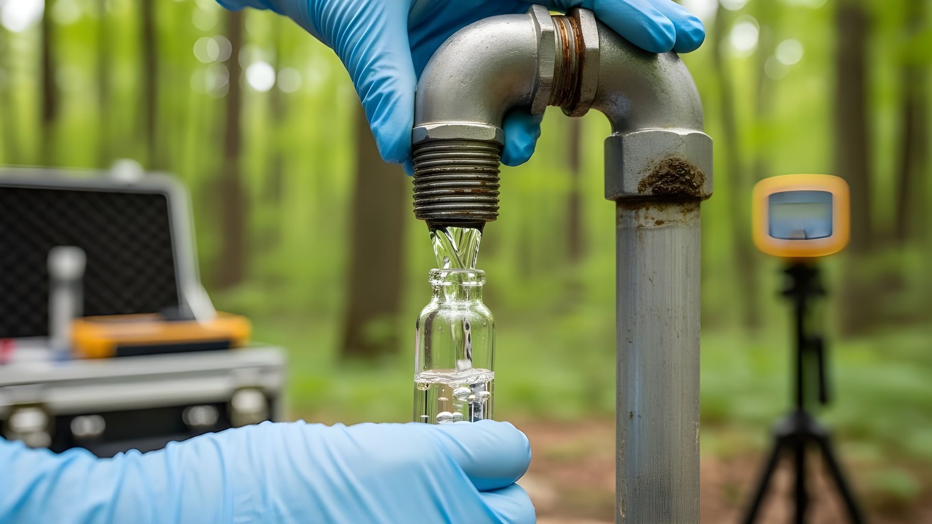 Hands holding clear glass sample bottle collecting water from monitoring well pipe
