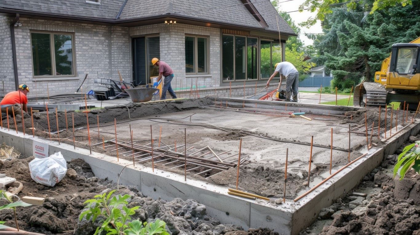 Workers pouring a concrete foundation beside a house, with rebar framing and a backhoe nearby.
