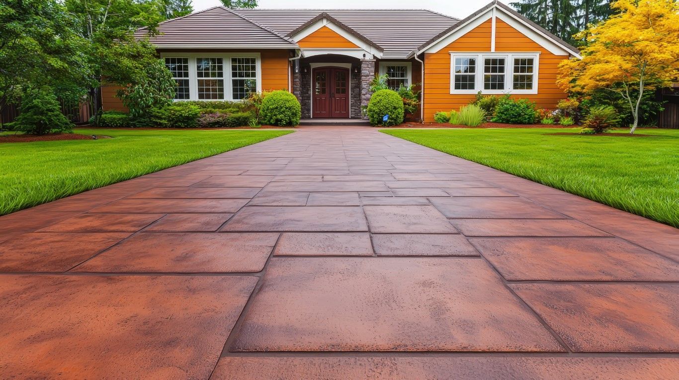 Brick driveway leading to a single-story house with white trim, orange siding, and a green lawn