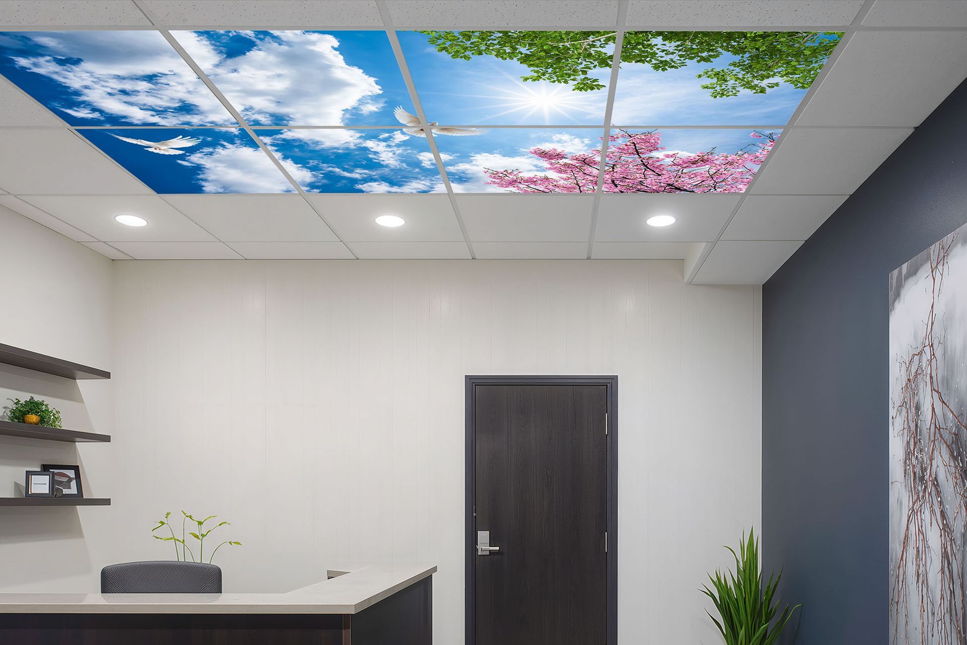 Commercial office LED sky ceiling installation with custom sky design