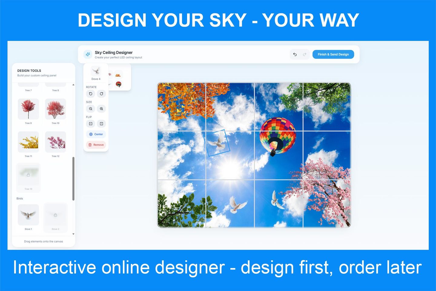 Interactive sky ceiling designer showing custom layout and background options