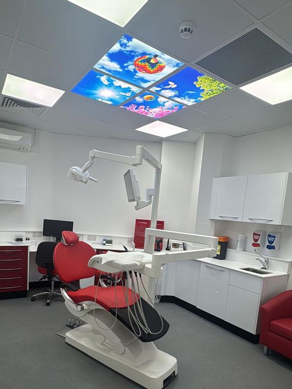 LED sky panels installed in a dental clinic ceiling creating a realistic skylight effect