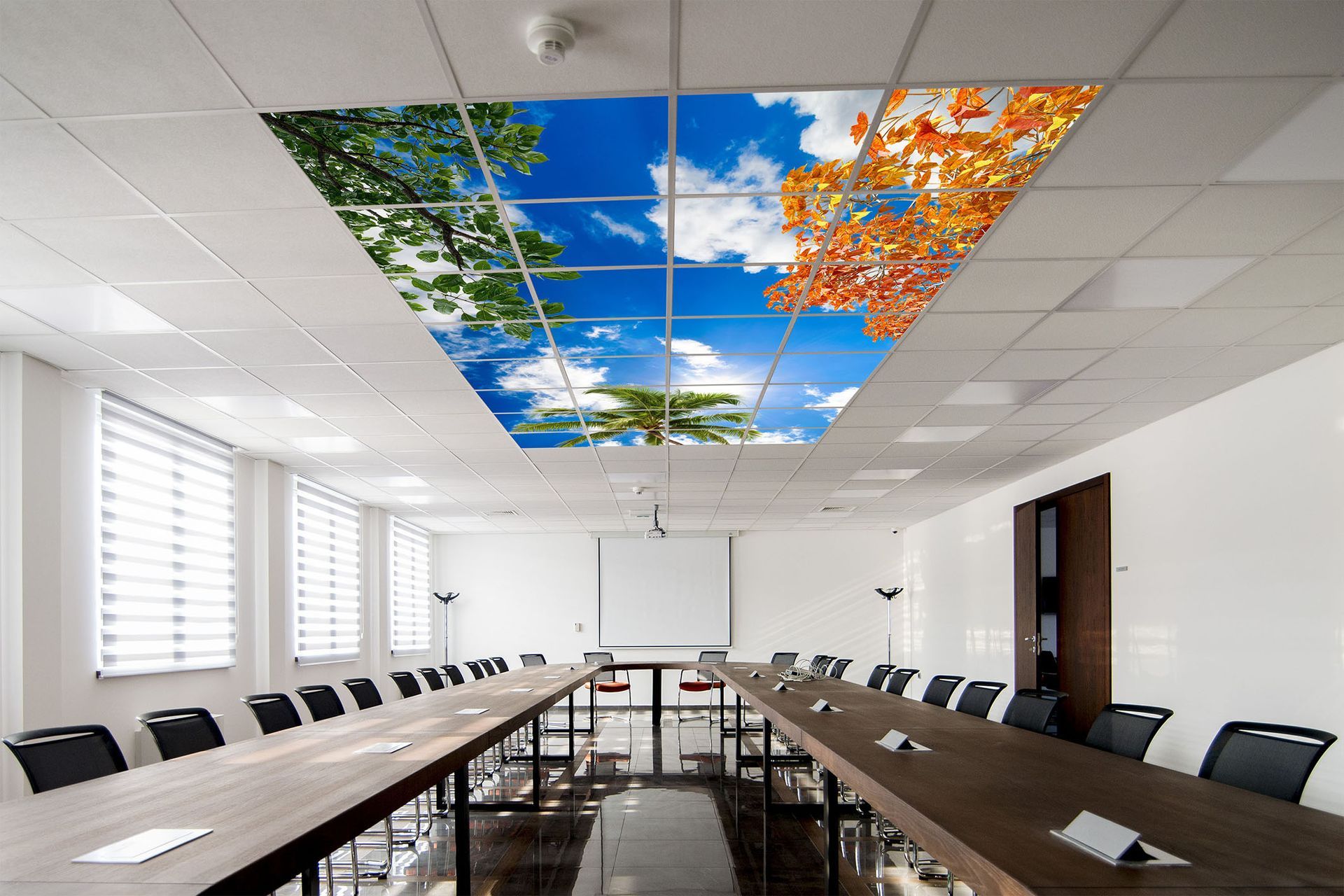 LED sky ceiling panels in a modern meeting room and conference space