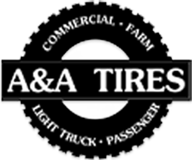Black-and-white A&A Tires logo with circular gear border and text for commercial, farm, light truck, passenger tires