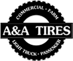 Black-and-white A&A Tires logo with circular gear border and text for commercial, farm, light truck, passenger tires