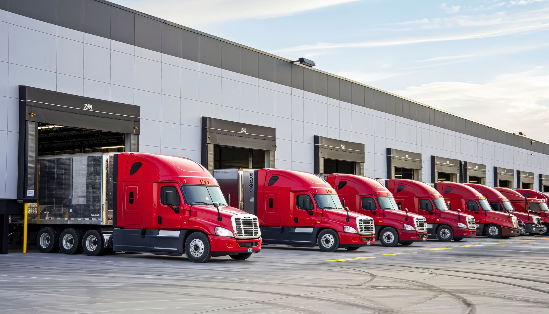 Row of red semi-trucks lined up at a warehouse loading dock