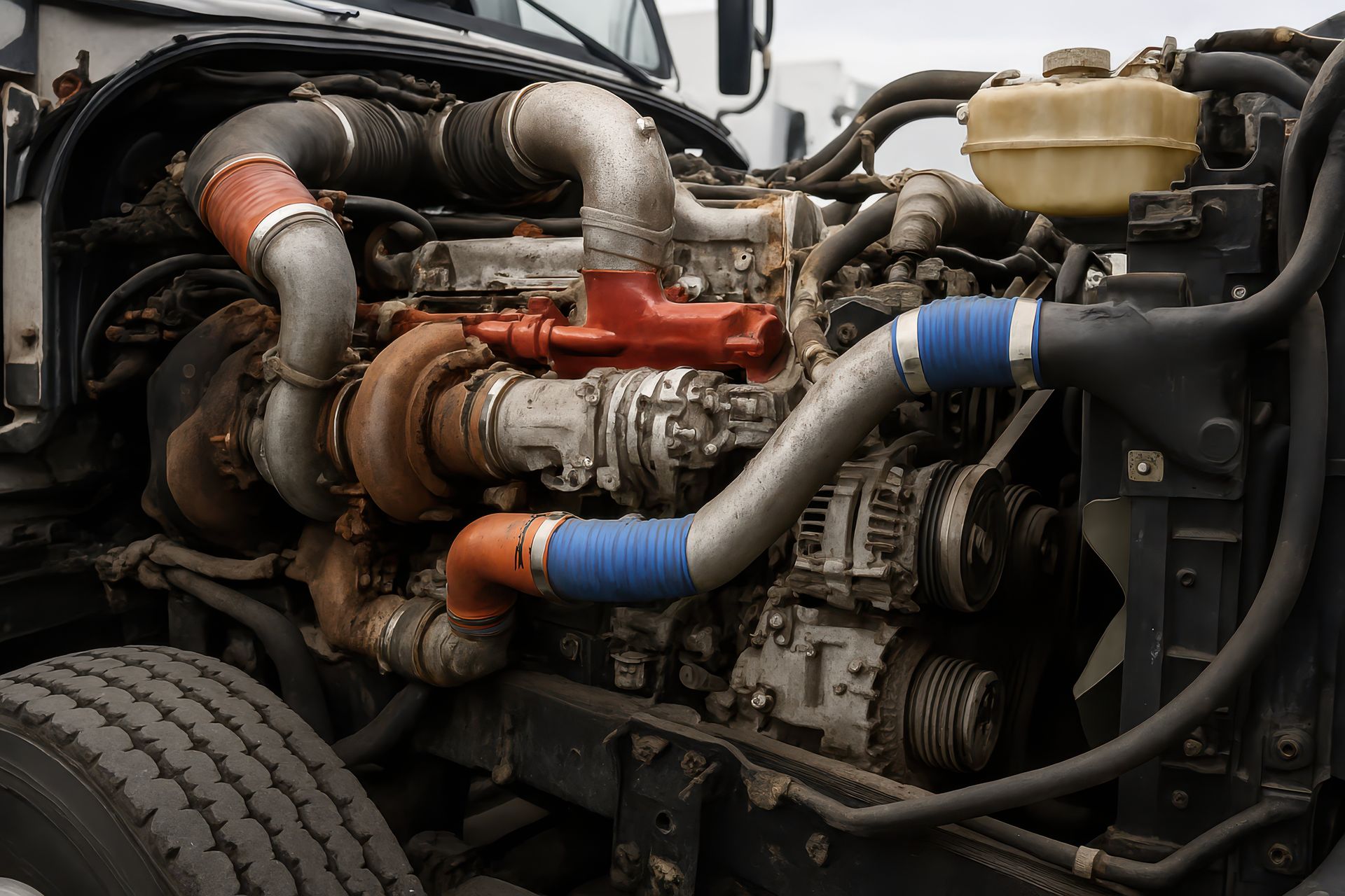 Close-up of a truck engine with red and blue turbo pipes and hoses.