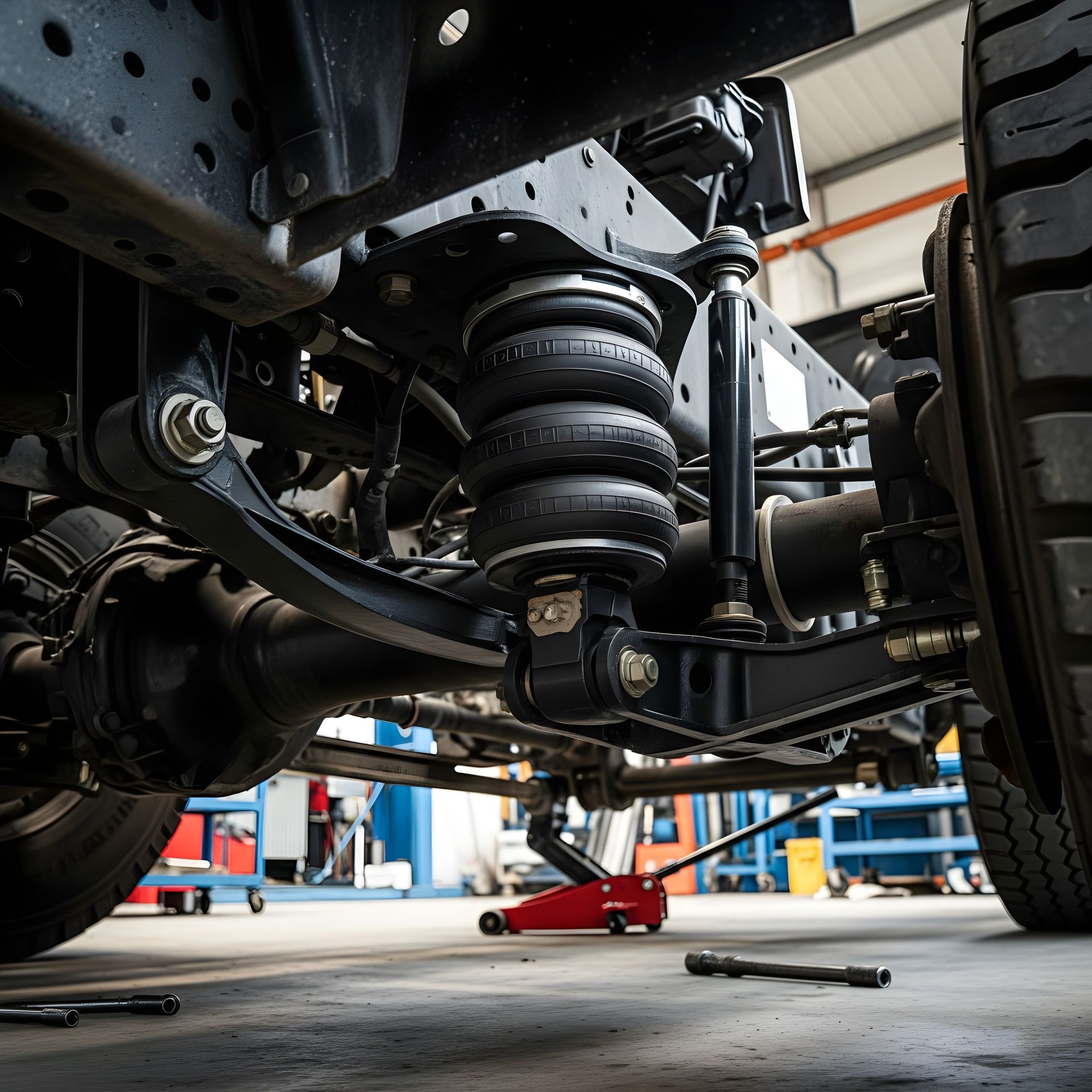 Undercarriage of off-road vehicle in a garage, with suspension and red floor jack visible