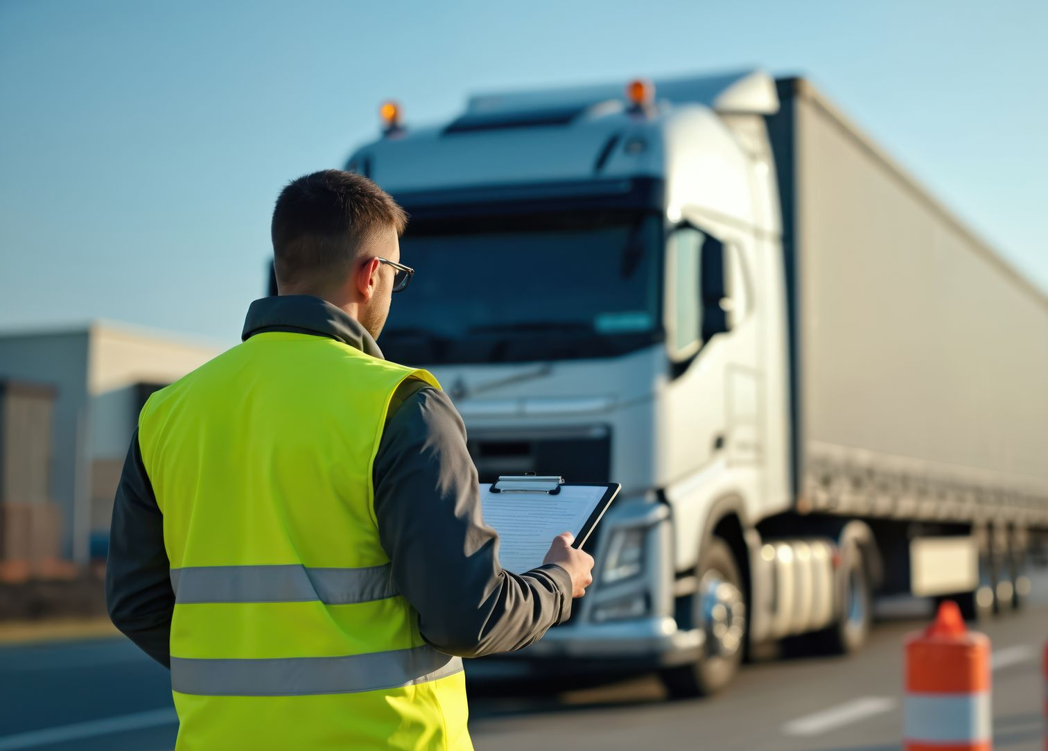 Worker in a neon vest directing a semi-truck in an industrial lot