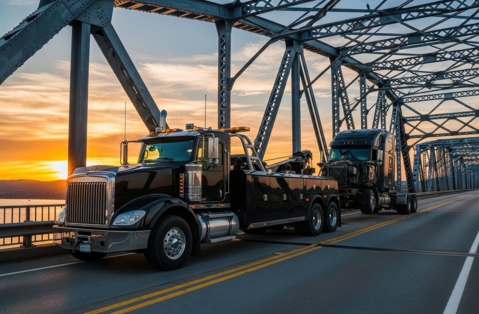 Two black semitrucks hauling cargo across a steel bridge at sunset