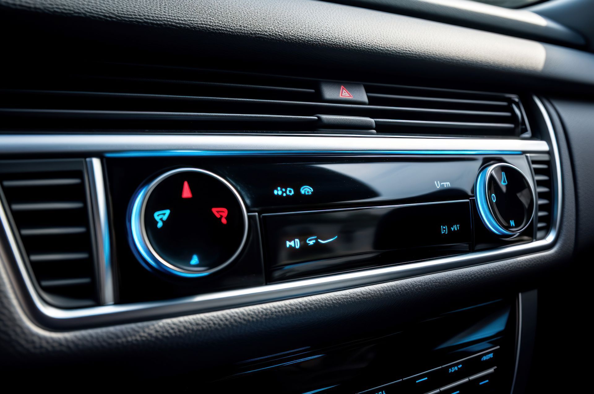 Car dashboard climate control panel with black and blue-lit dials and vents