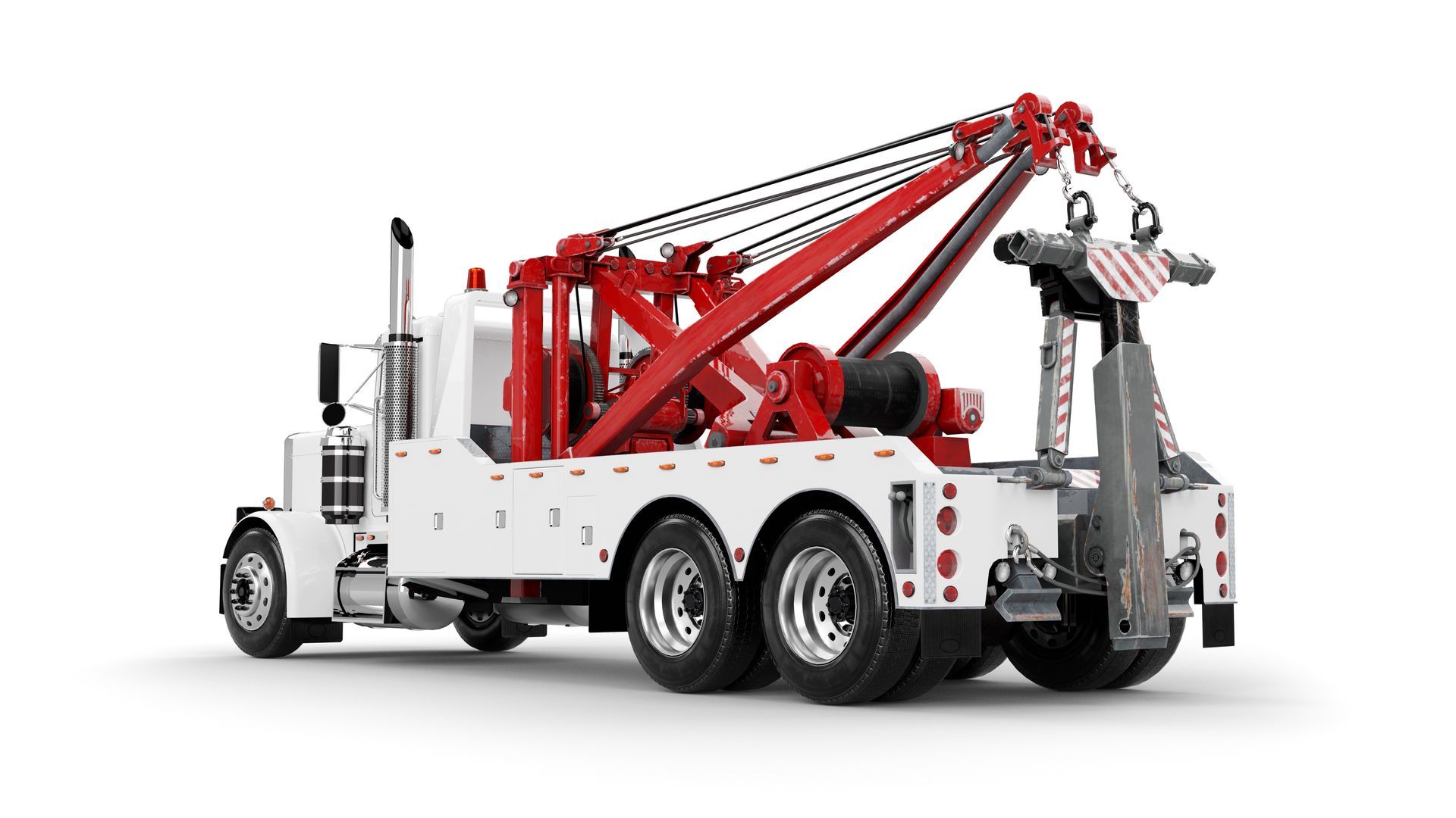 White tow truck with red lifting equipment on a plain white background