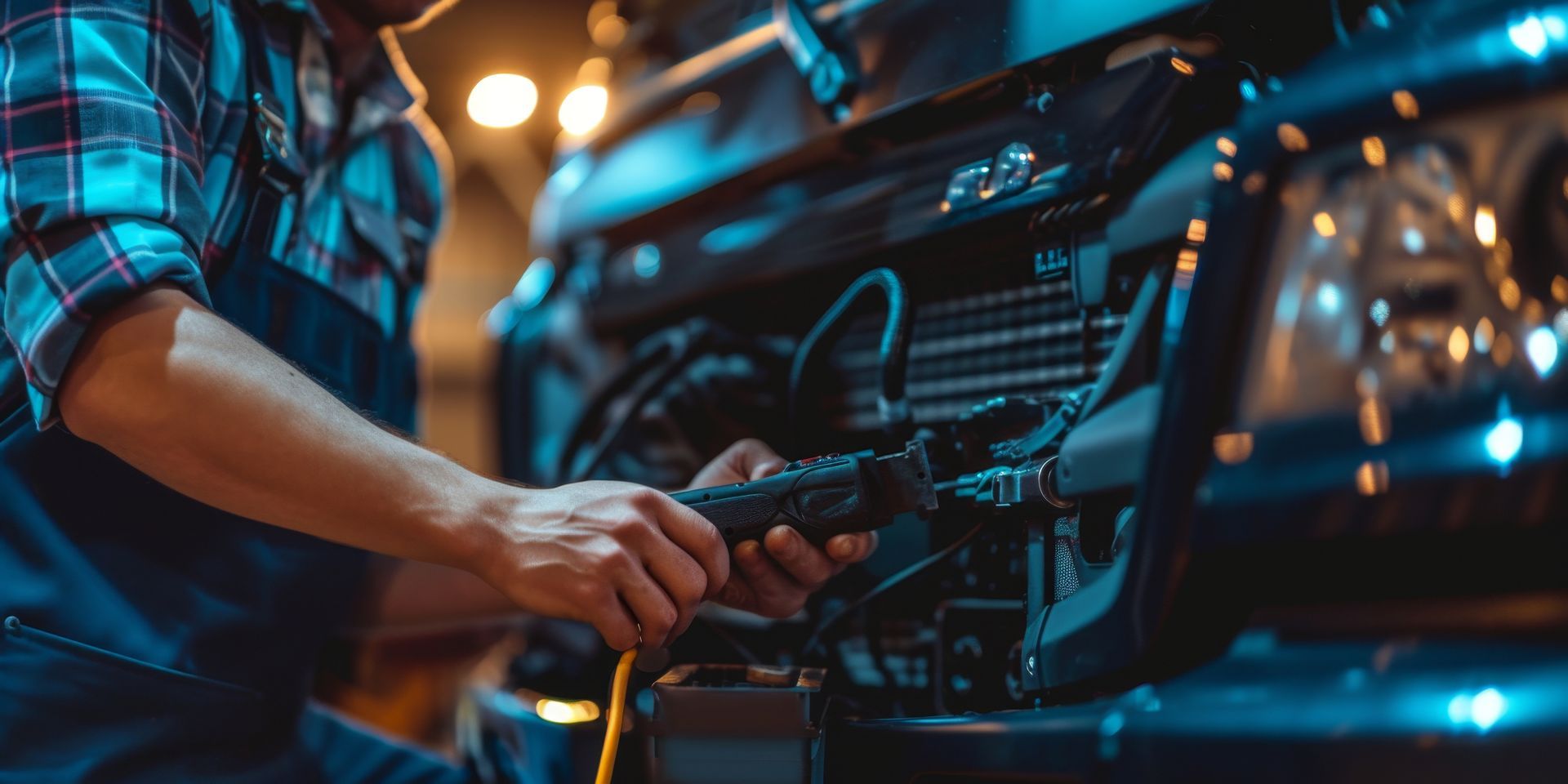 Person charging a car with a plug at a station, with dashboard lights glowing