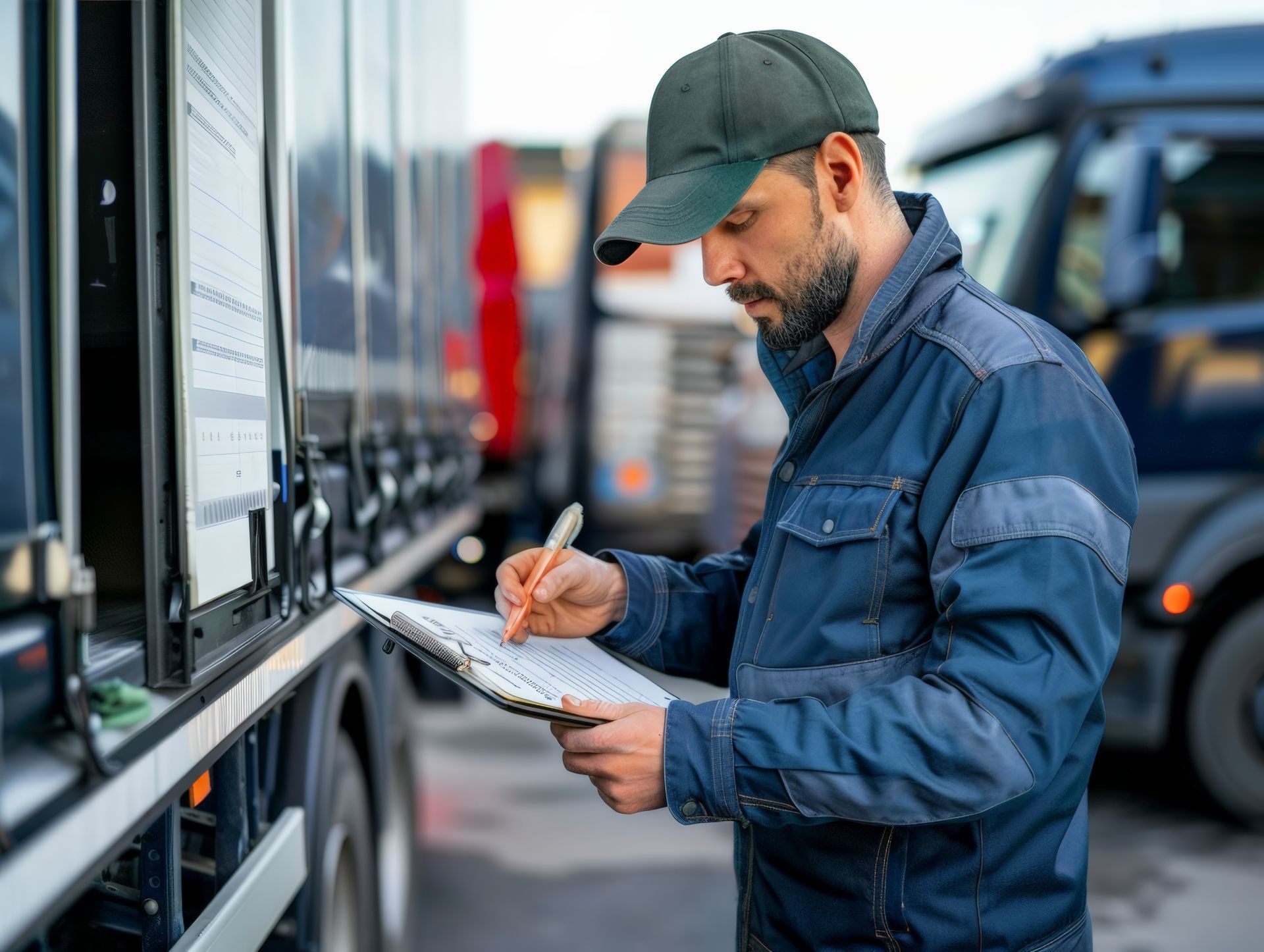 Technician in blue uniform writing on a clipboard beside a truck at an industrial site