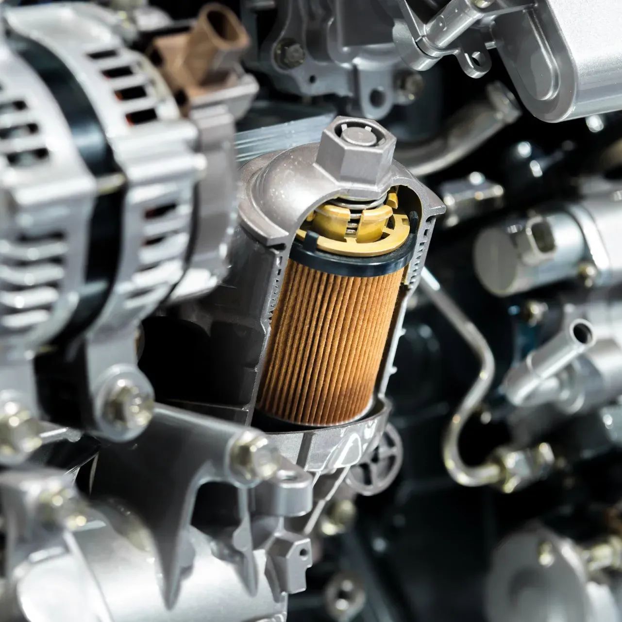 Close-up of a car engine oil filter mounted beside a silver alternator.
