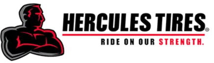Hercules Tires logo with red-and-black muscular figure and the slogan “Ride on our strength.”