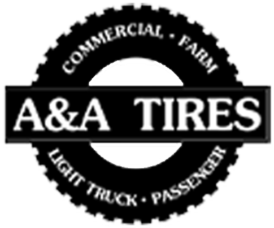 A&A TIRES logo with a black gear and white text for commercial, farm, light truck, and passenger tires