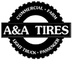 A&A TIRES logo with a black gear and white text for commercial, farm, light truck, and passenger tires