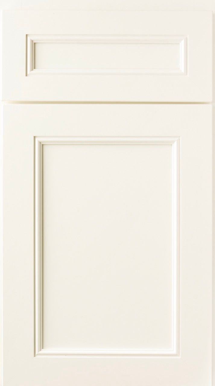White paneled cabinet door with simple recessed molding and a brass handle at the top.