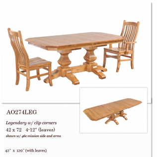 Wooden extension dining table with matching chairs and inset leaf, shown in product catalog layout