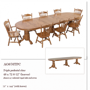 Oval wooden dining table with two leaves and six matching chairs, shown in a furniture catalog.