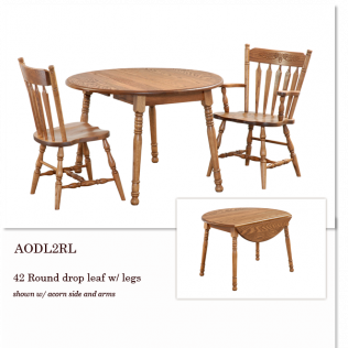 Round wooden drop-leaf dining table with two matching spindle-back chairs on white background