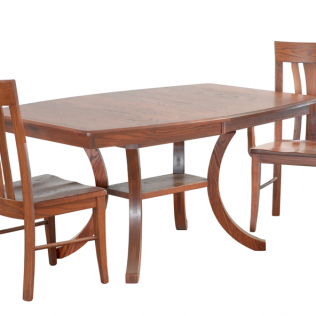 Wooden dining table with four matching chairs on a white background