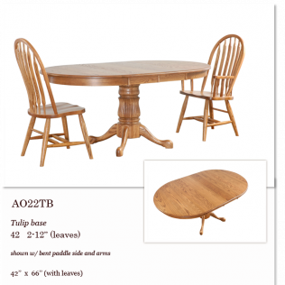 Oak oval dining table with pedestal base and two matching wooden chairs; inset shows table leaf.