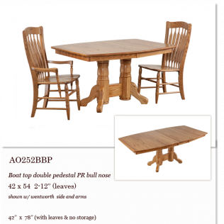 Oak pedestal dining table set with two wooden chairs on a white background