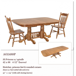 Wood dining table with two spindle-back chairs on white background