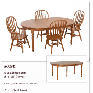 Round wooden kitchen table with four matching chairs, shown with leaf extension option.