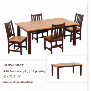 Wooden dining table set with four chairs, shown in a product catalog view on white background