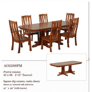 Brown dining table with six matching chairs and a small inset of the table opened with leaves