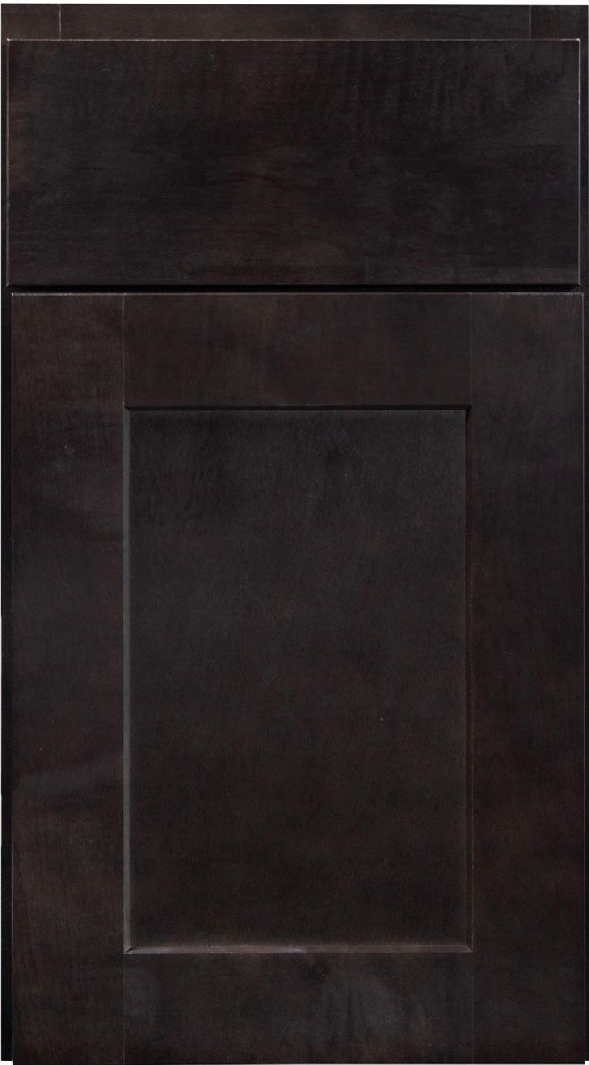 Dark brown cabinet door with a recessed rectangular panel and a narrow top drawer.
