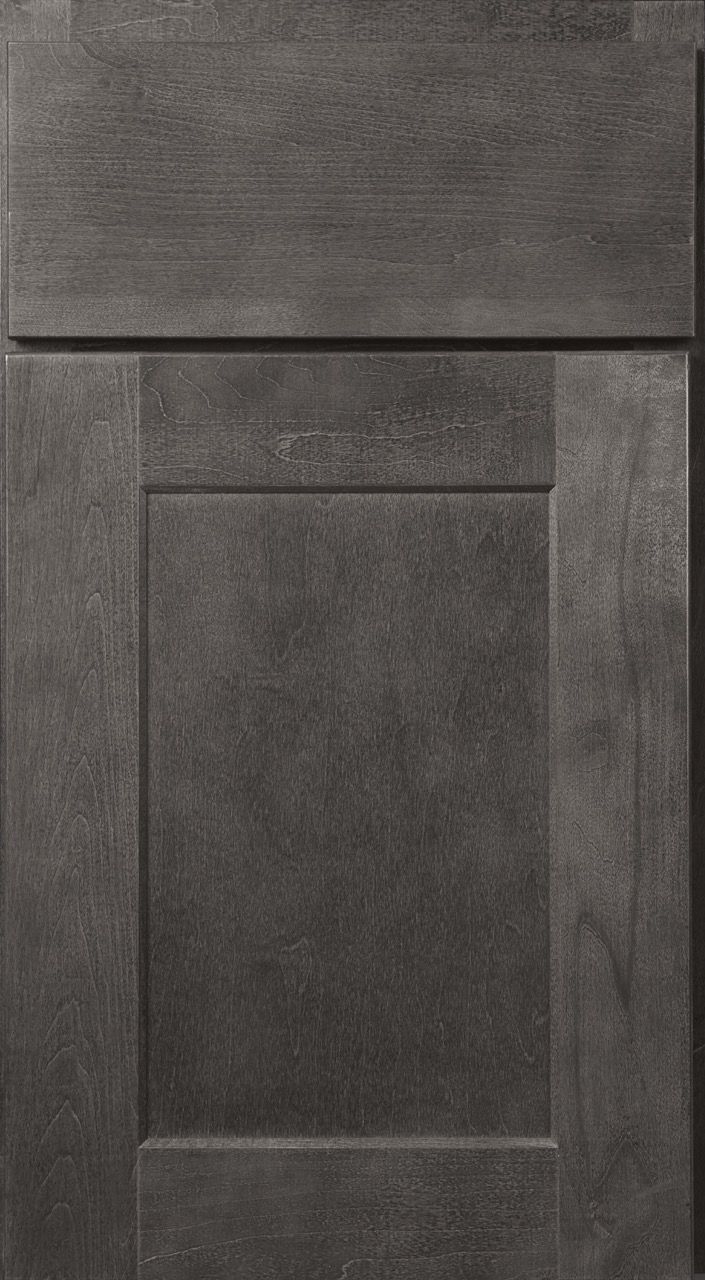Dark gray textured cabinet door with a rectangular panel and upper horizontal section