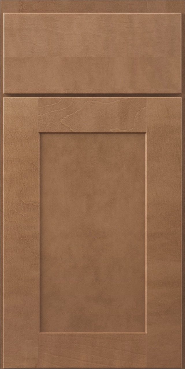 Brown paneled cabinet door with a raised center panel and horizontal top drawer