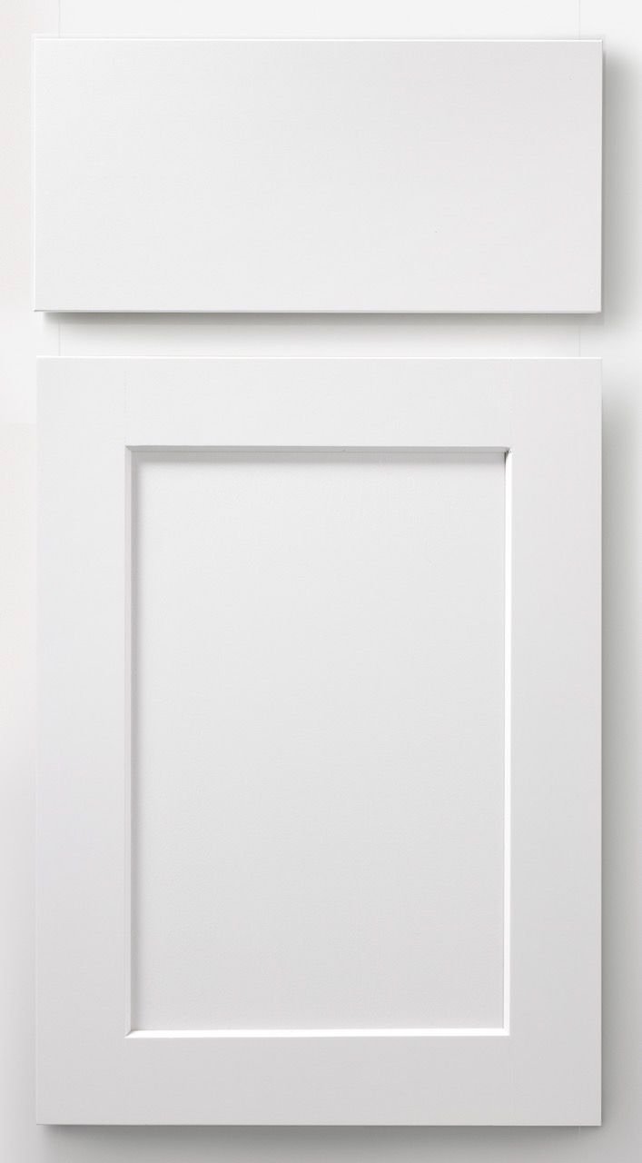 White cabinet door with a raised rectangular panel and a plain top drawer/front above it.