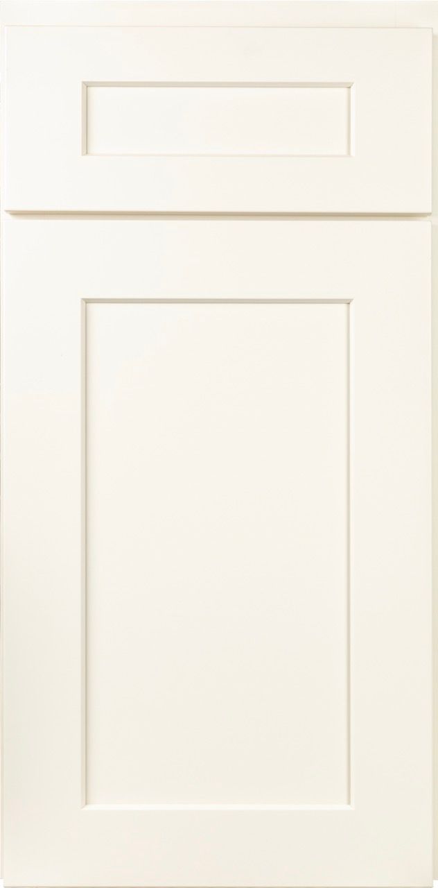 White paneled door with a small upper window and a larger central panel