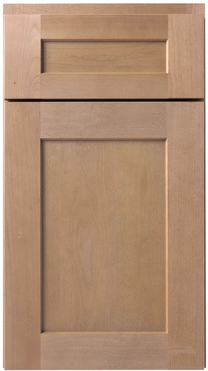 Wooden cabinet door with a small top drawer, in a natural light wood finish